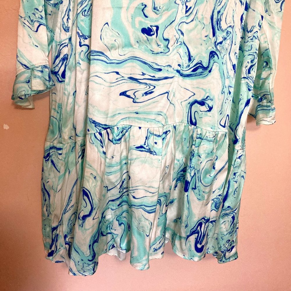 NWT Caryn Vallone Knee Length Dress Long Sleeve Blue Marble Swing Satin XS - Picture 4 of 9